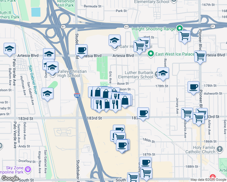 map of restaurants, bars, coffee shops, grocery stores, and more near 11209 Sharon Street in Cerritos