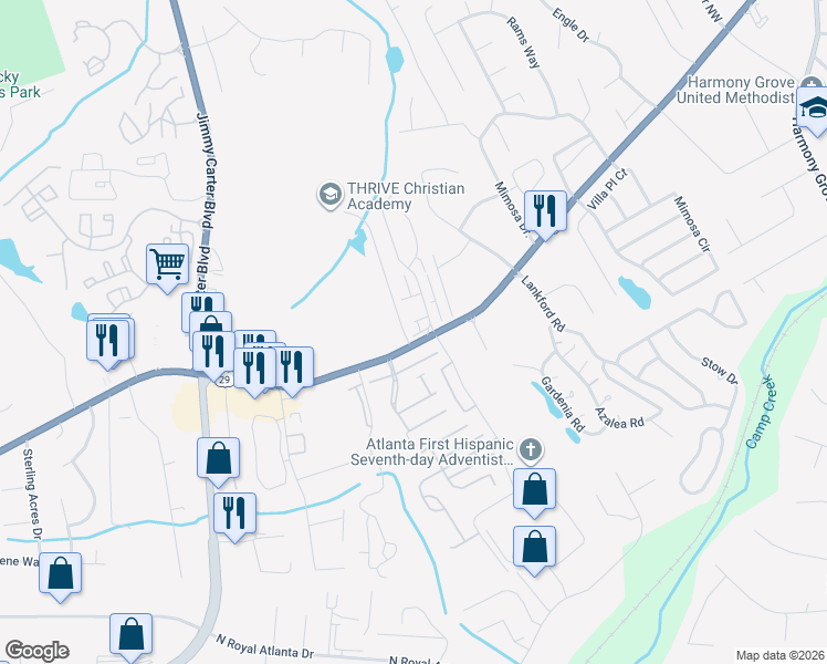 map of restaurants, bars, coffee shops, grocery stores, and more near 6150 Winfield Court in Tucker
