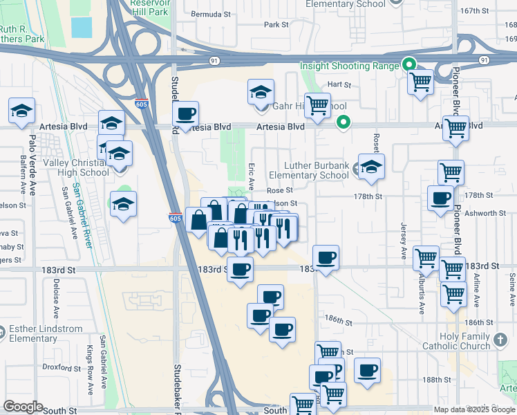 map of restaurants, bars, coffee shops, grocery stores, and more near 11209 Sharon Street in Cerritos