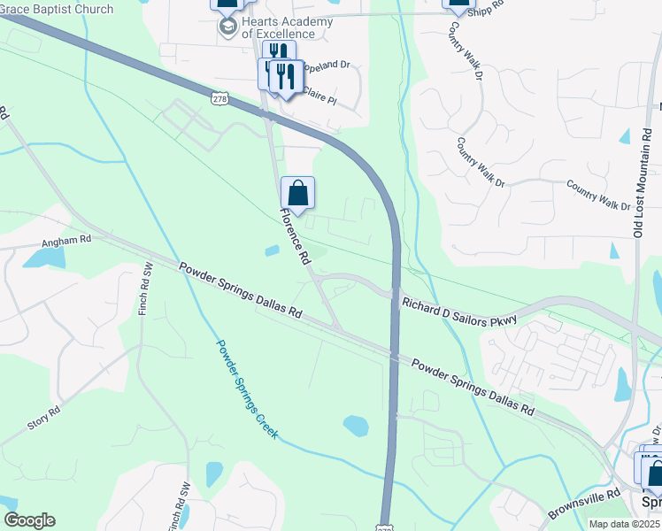 map of restaurants, bars, coffee shops, grocery stores, and more near 4900 Richard D Sailors Parkway in Powder Springs