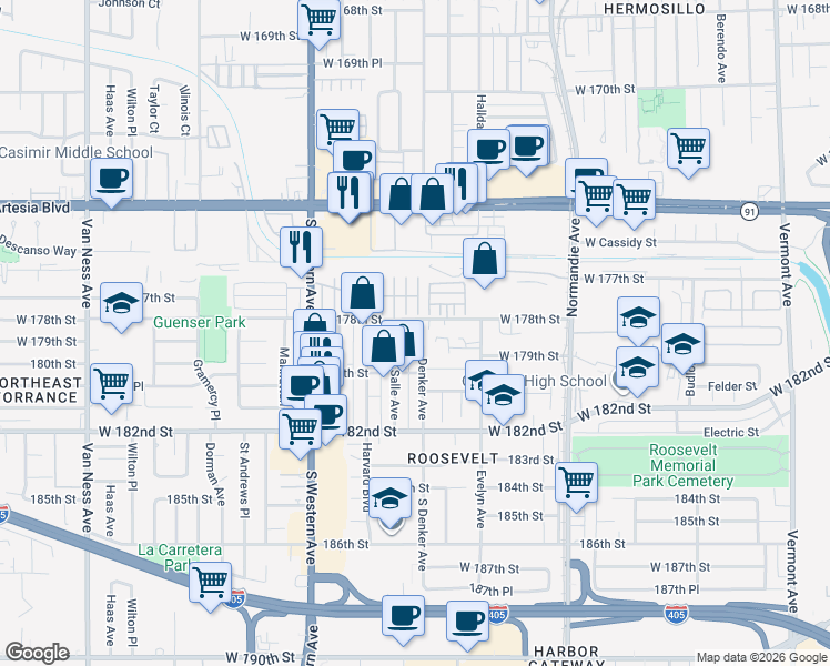 map of restaurants, bars, coffee shops, grocery stores, and more near 17815 Denker Avenue in Gardena