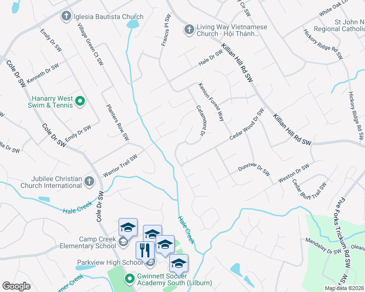 map of restaurants, bars, coffee shops, grocery stores, and more near 680 Catamount Way Southwest in Lilburn