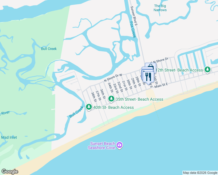 map of restaurants, bars, coffee shops, grocery stores, and more near 416-418 34th Street in Sunset Beach