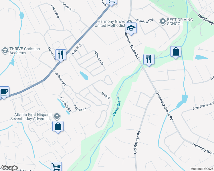 map of restaurants, bars, coffee shops, grocery stores, and more near 5756 Princeton Run Trail in Tucker