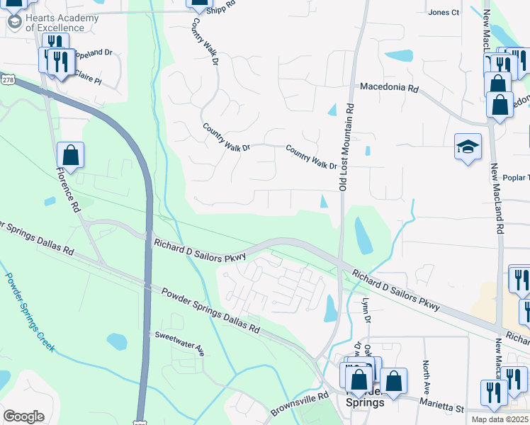 map of restaurants, bars, coffee shops, grocery stores, and more near 3518 Birdfield Court in Powder Springs