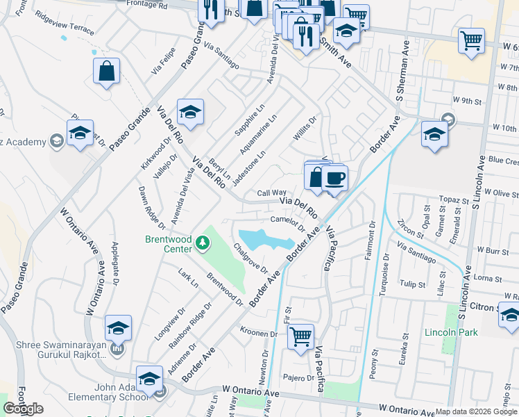 map of restaurants, bars, coffee shops, grocery stores, and more near 1511 Camelot Drive in Corona