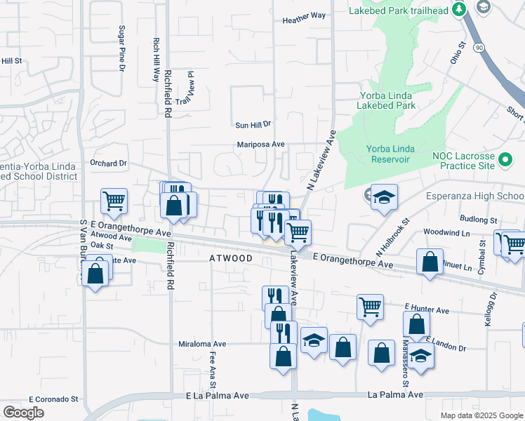 map of restaurants, bars, coffee shops, grocery stores, and more near 250 South Highland Avenue in Placentia