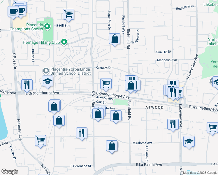 map of restaurants, bars, coffee shops, grocery stores, and more near in Placentia