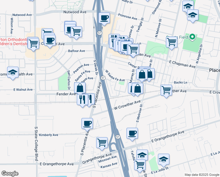 map of restaurants, bars, coffee shops, grocery stores, and more near 331 Camarillo Street in Placentia