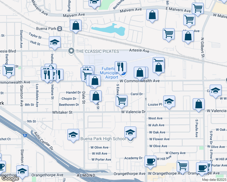 map of restaurants, bars, coffee shops, grocery stores, and more near 4109 Carol Drive in Fullerton