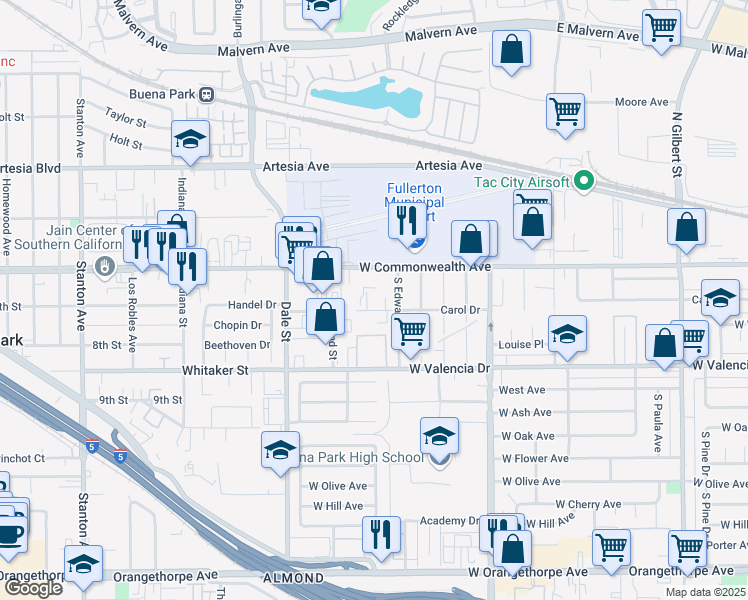 map of restaurants, bars, coffee shops, grocery stores, and more near 4109 Carol Drive in Fullerton