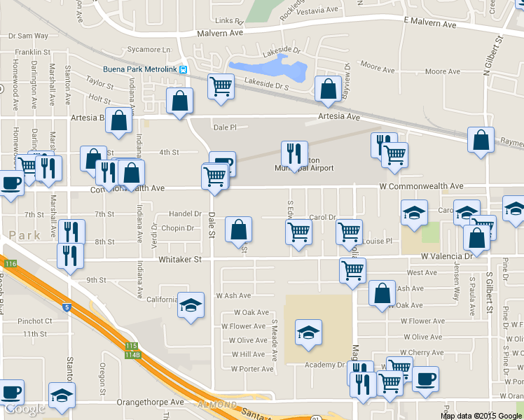 map of restaurants, bars, coffee shops, grocery stores, and more near 6380 Roland Street in Buena Park