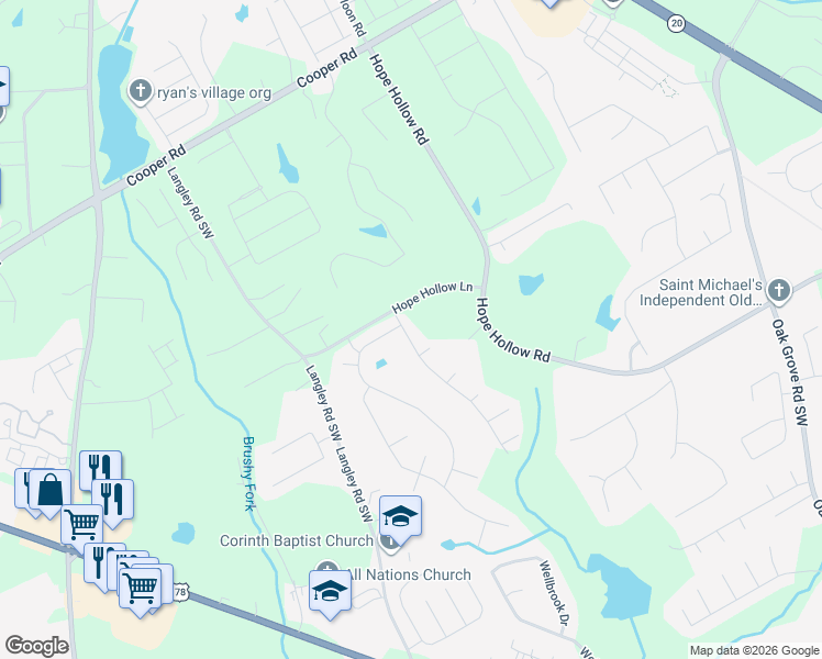 map of restaurants, bars, coffee shops, grocery stores, and more near 3022 Hollowstone Drive Southwest in Loganville