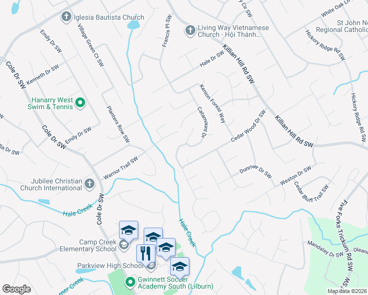 map of restaurants, bars, coffee shops, grocery stores, and more near 680 Catamount Way Southwest in Lilburn