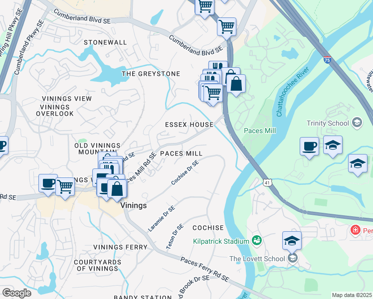 map of restaurants, bars, coffee shops, grocery stores, and more near 3192 Paces Mill Road Southeast in Atlanta