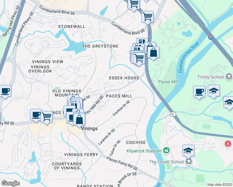 map of restaurants, bars, coffee shops, grocery stores, and more near 3200 Paces Mill Road Southeast in Atlanta
