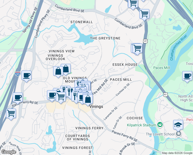 map of restaurants, bars, coffee shops, grocery stores, and more near 3106 Vinings Ridge Drive Southeast in Atlanta