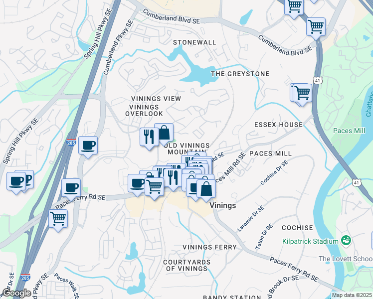 map of restaurants, bars, coffee shops, grocery stores, and more near 2950 Mount Wilkinson Parkway Southeast in Atlanta