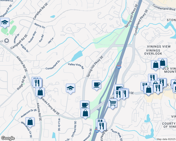 map of restaurants, bars, coffee shops, grocery stores, and more near 3394 Bryerstone Circle Southeast in Smyrna