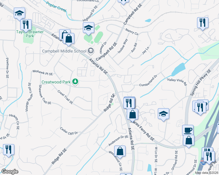 map of restaurants, bars, coffee shops, grocery stores, and more near 2037 Ivy Ridge Road Southeast in Smyrna