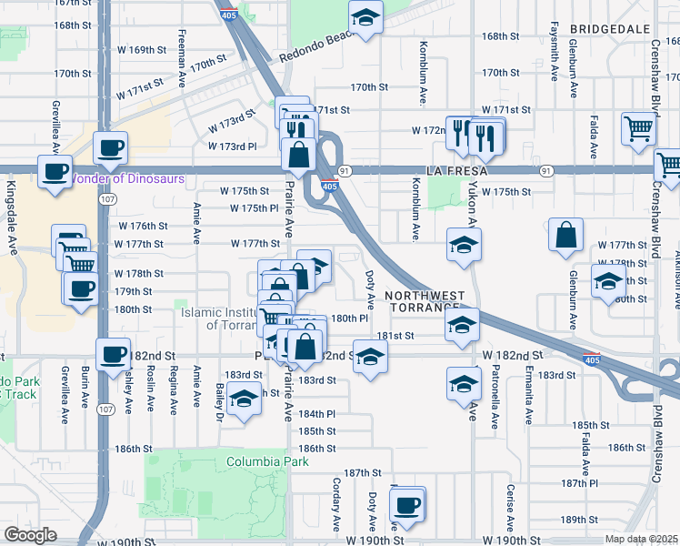 map of restaurants, bars, coffee shops, grocery stores, and more near 17805 Florwood Avenue in Torrance