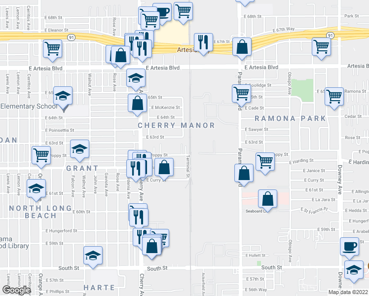 map of restaurants, bars, coffee shops, grocery stores, and more near 2339 East Poppy Street in Long Beach
