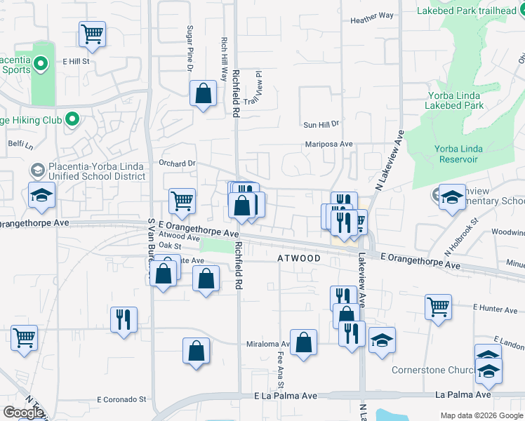 map of restaurants, bars, coffee shops, grocery stores, and more near 1833 East Taft Lane in Placentia