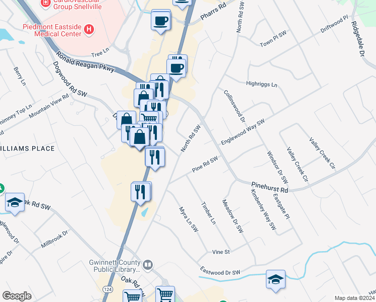 map of restaurants, bars, coffee shops, grocery stores, and more near 2054 North Road Southwest in Snellville