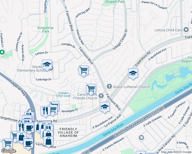 map of restaurants, bars, coffee shops, grocery stores, and more near 6440 Regents Court in Yorba Linda