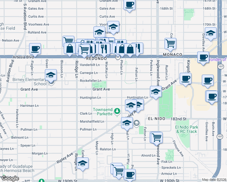 map of restaurants, bars, coffee shops, grocery stores, and more near 2410 Grant Avenue in Redondo Beach