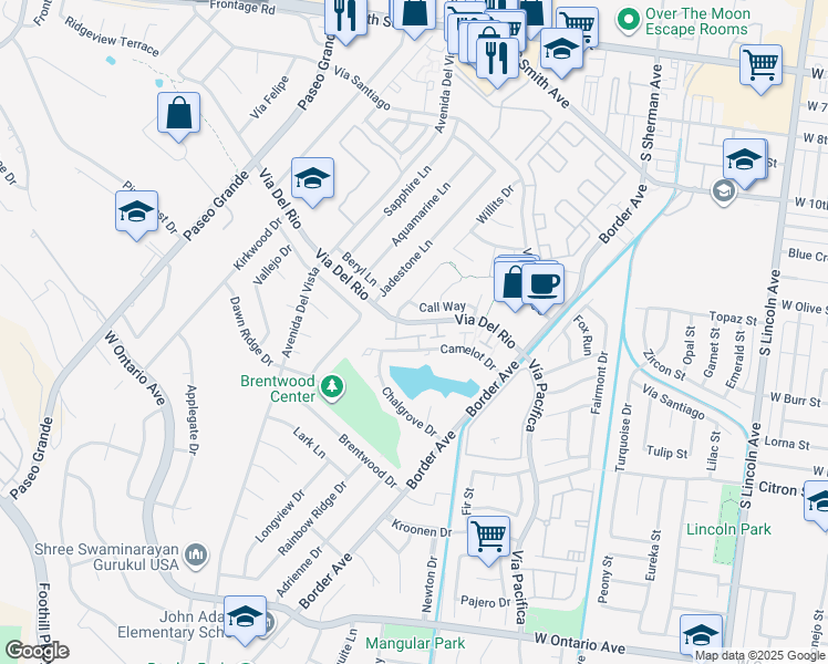 map of restaurants, bars, coffee shops, grocery stores, and more near 1526 Vía Del Rio in Corona