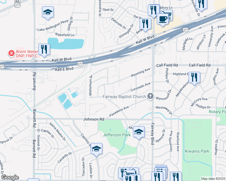 map of restaurants, bars, coffee shops, grocery stores, and more near 4701 Wyoming Avenue in Wichita Falls
