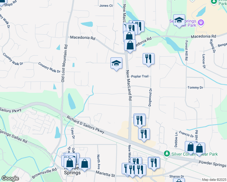 map of restaurants, bars, coffee shops, grocery stores, and more near 4266 Springdale Circle in Powder Springs