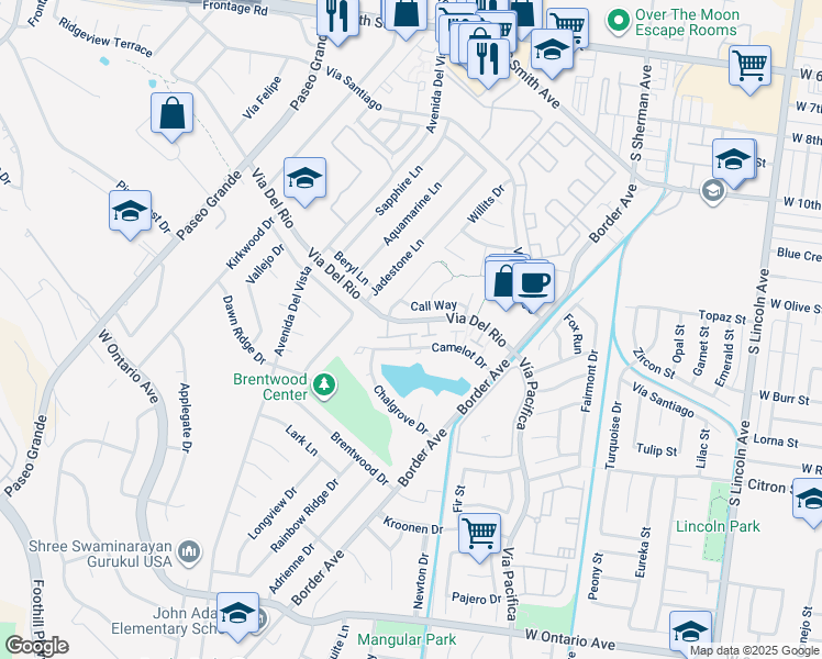 map of restaurants, bars, coffee shops, grocery stores, and more near 1514 Via Del Rio in Corona