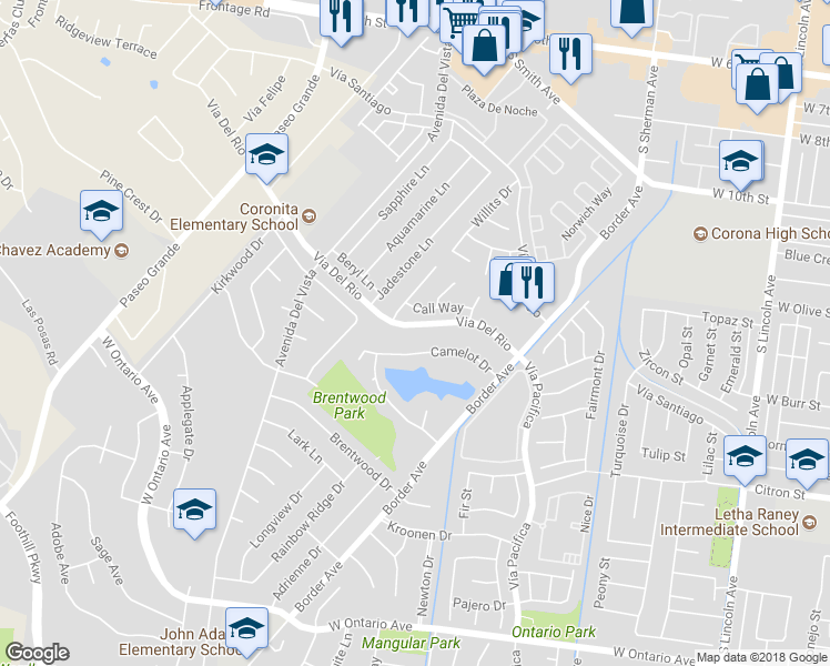 map of restaurants, bars, coffee shops, grocery stores, and more near 1514 Via Del Rio in Corona
