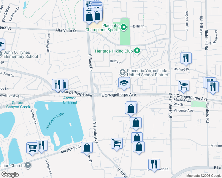 map of restaurants, bars, coffee shops, grocery stores, and more near 250 South Rose Drive in Placentia