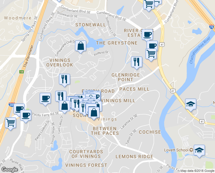 map of restaurants, bars, coffee shops, grocery stores, and more near 3106 Vinings Ridge Drive Southeast in Atlanta