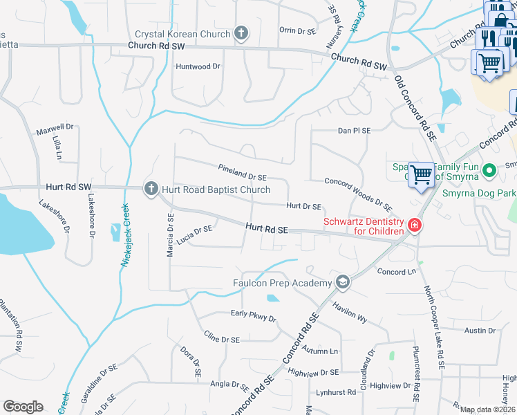 map of restaurants, bars, coffee shops, grocery stores, and more near 208 Hurt Drive Southeast in Smyrna