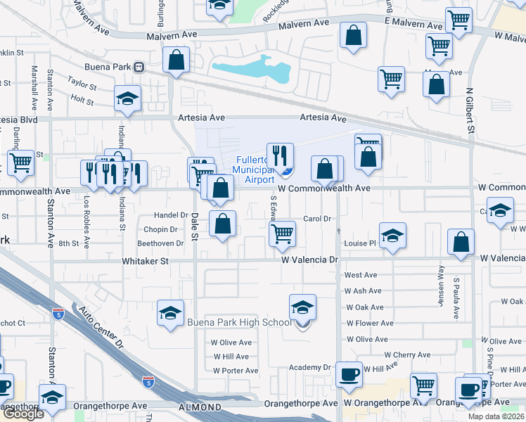 map of restaurants, bars, coffee shops, grocery stores, and more near 4111 Carol Drive in Fullerton