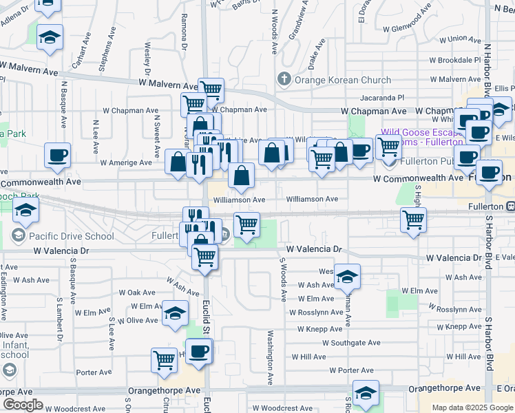 map of restaurants, bars, coffee shops, grocery stores, and more near 722 Williamson Avenue in Fullerton