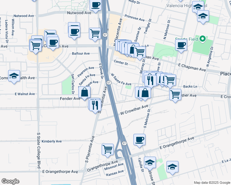 map of restaurants, bars, coffee shops, grocery stores, and more near 325 Camarillo Street in Placentia
