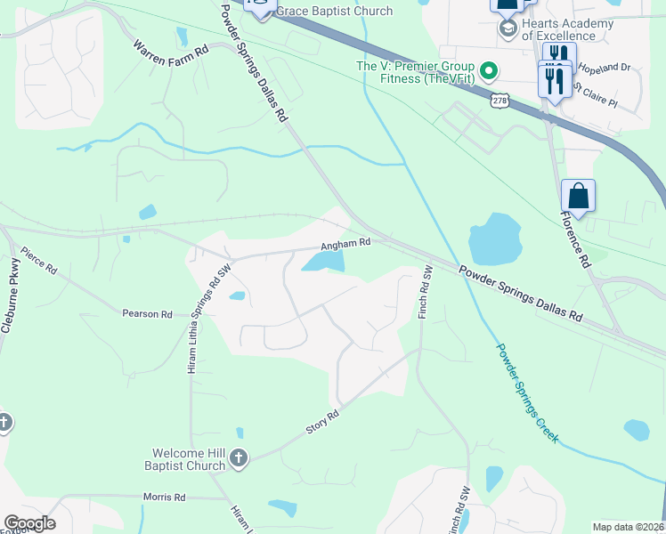 map of restaurants, bars, coffee shops, grocery stores, and more near 5481 Angham Road in Hiram