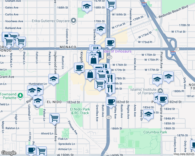 map of restaurants, bars, coffee shops, grocery stores, and more near 1515 Hawthorne Boulevard in Redondo Beach