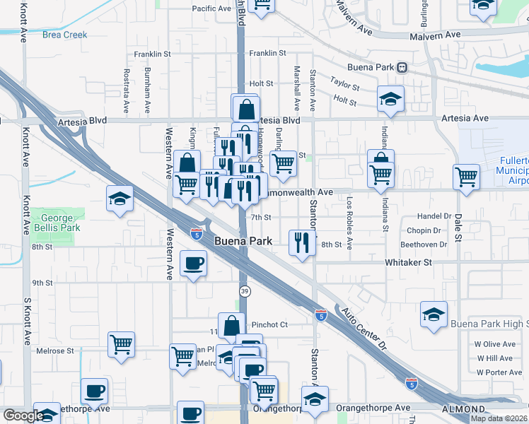 map of restaurants, bars, coffee shops, grocery stores, and more near 6302 Homewood Avenue in Buena Park