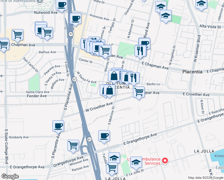 map of restaurants, bars, coffee shops, grocery stores, and more near 315 Baker Street in Placentia