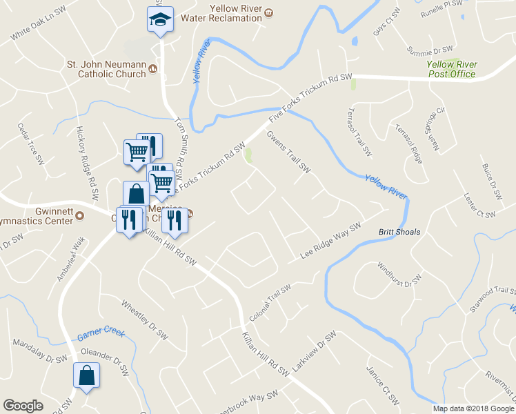 map of restaurants, bars, coffee shops, grocery stores, and more near 1180 Nash Lee Drive Southwest in Lilburn