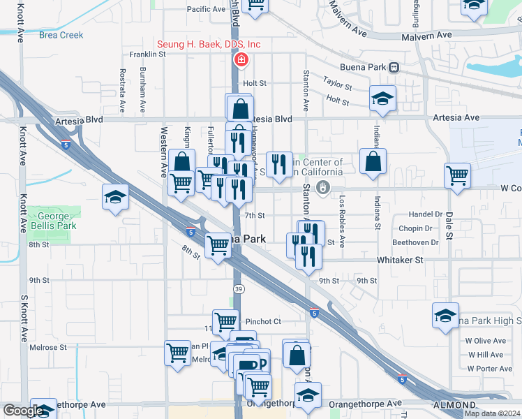 map of restaurants, bars, coffee shops, grocery stores, and more near 6302 Homewood Avenue in Buena Park