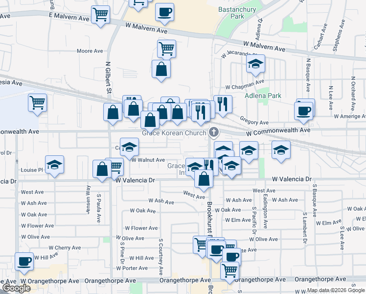 map of restaurants, bars, coffee shops, grocery stores, and more near 165 South Brookhurst Road in Fullerton