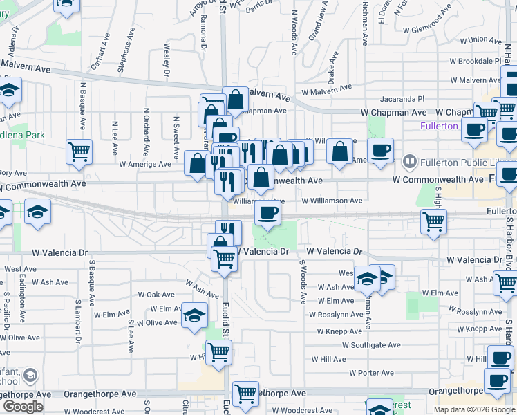 map of restaurants, bars, coffee shops, grocery stores, and more near 820 Williamson Ave in Fullerton