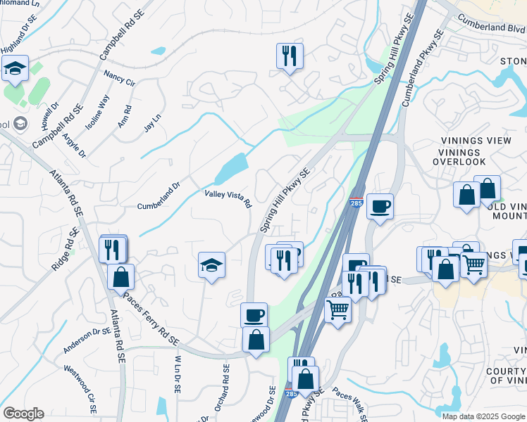 map of restaurants, bars, coffee shops, grocery stores, and more near 3394 Bryerstone Circle Southeast in Smyrna